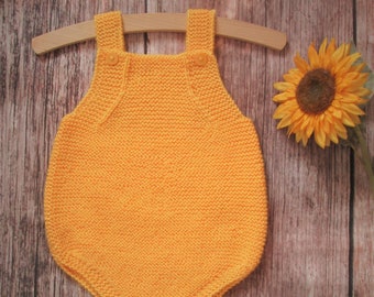 Babys infants hand knitted bright mustard yellow romper all in one outfit with buttons OOAK diaper cover shorts bodysuit overalls photo prop