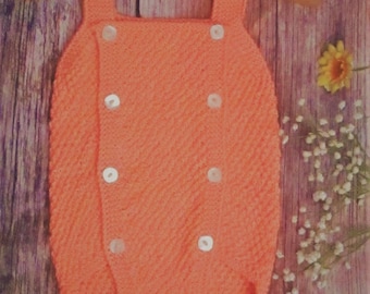 Infants hand knitted soft orange romper, babys all in one outfit with buttons OOAK diaper cover shorts bodysuit overalls photo prop
