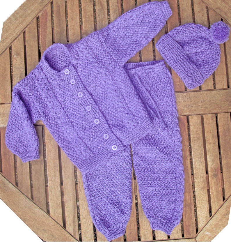 Baby infant girl toddler hand knitted mauve traditional image 0