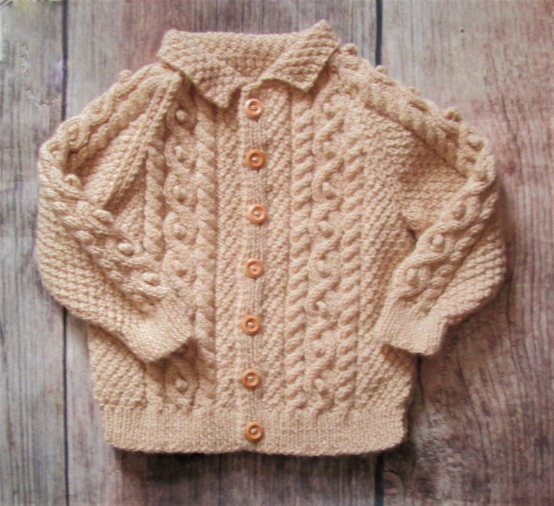 Hand knitted baby boy, infant beige, brown outfit of jacket, cardigan, trousers, leggings, pants, pom pom hat, mittens, traditional pram set image 4