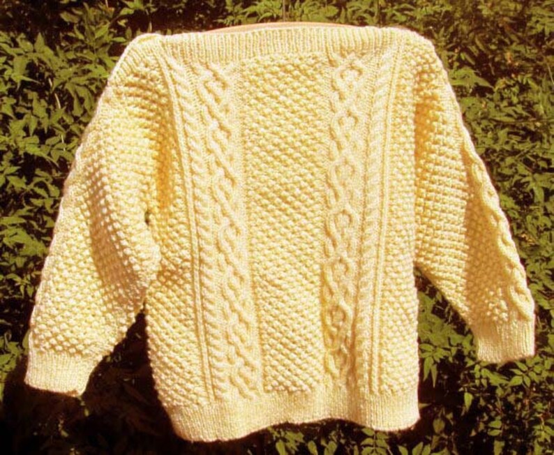 Pale yellow handknit aran cable girls sweater jumper OOAK with image 1