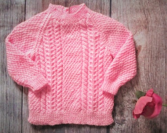 Pink cable aran hand knitted jumper for baby girl toddler, classic style childs sweater, merino cashmere yarn,