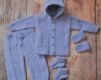 Baby infant girl boy handknitted lavender blue traditional outfit of hooded jacket cardigan trousers leggings pants with booties and mittens