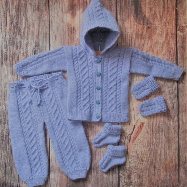 Baby infant girl boy handknitted lavender blue traditional outfit of hooded jacket cardigan trousers leggings pants with booties and mittens