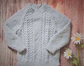 Blue grey cable aran hand knitted jumper for baby boy, girl toddler, classic style childs sweater, kids pullover, merino cashmere yarn,