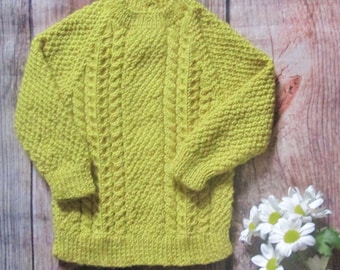 Yellow cable aran hand knitted jumper for baby girl or boy toddler, classic style childs sweater, merino cashmere yarn,