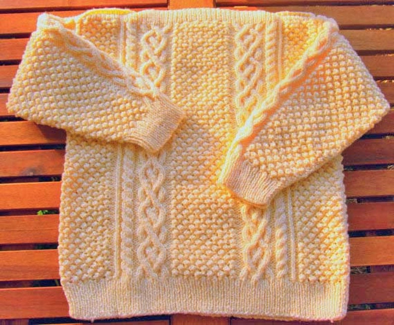 Pale yellow handknit aran cable girls sweater jumper OOAK with image 3