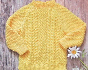 Yellow cable aran hand knitted jumper for baby girl, boy toddler, kids pullover, classic style childs sweater, merino cashmere yarn,