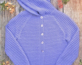 Little girl's childs hand knitted purple cashmere cotton blend button jacket cardigan sweater coat with a pixie hood.