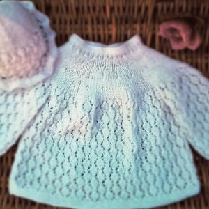 Newborn baby girl&#39;s hand knitted white Diamond lace lacy dress and frilly hat pram outfit OOAK original design