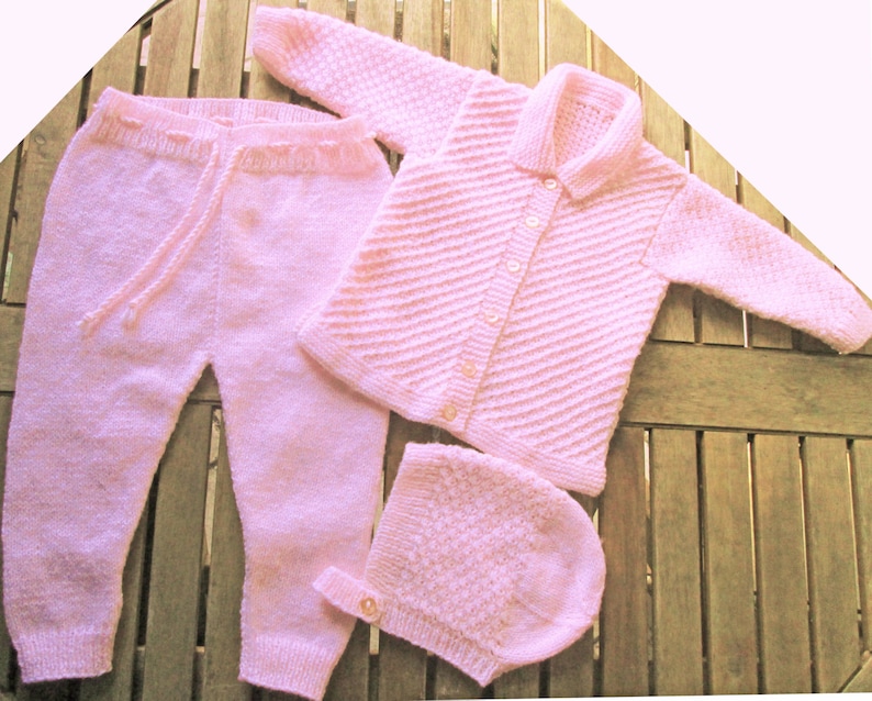 Baby infant girl hand knitted pale pink matinee outfit of image 0