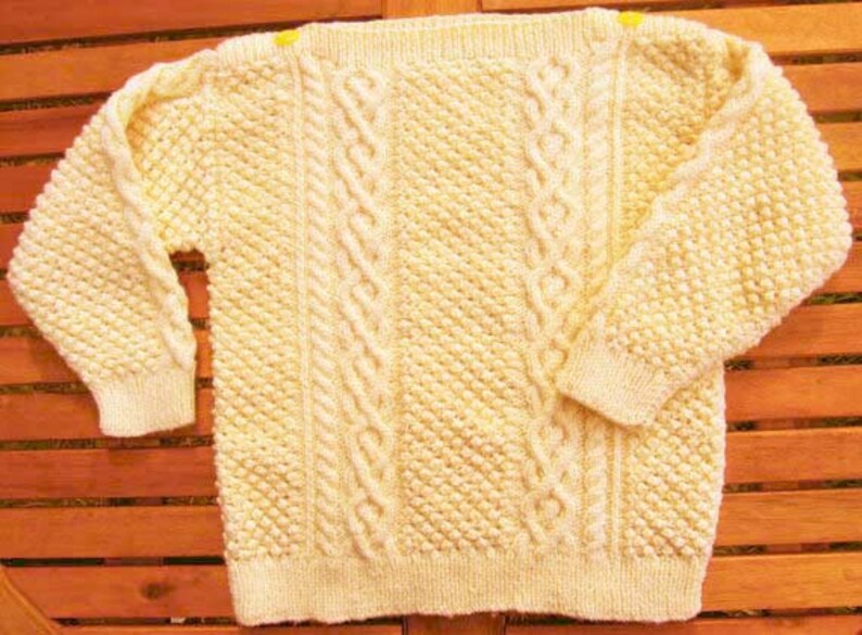 Pale yellow handknit aran cable girls sweater jumper OOAK with image 2