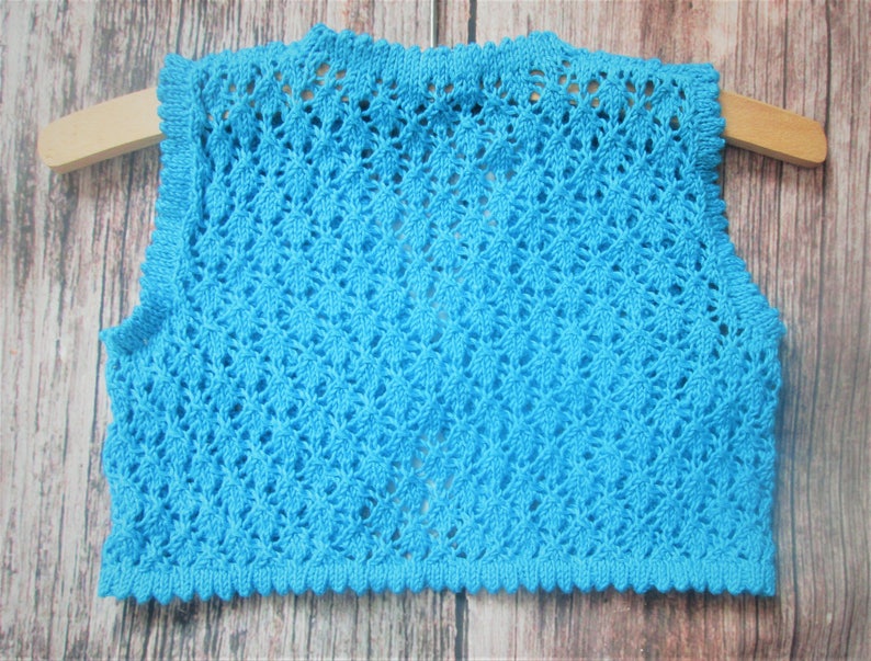 Young little girl's lacy diamond lace stitch hand knitted bright blue summer bolero shrug sleeveless jacket waistcoat original design OOAK image 3