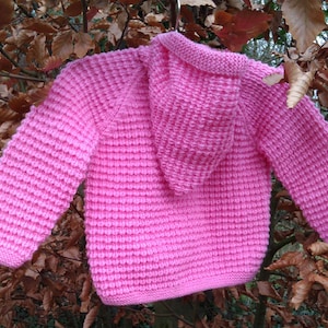 May include: A pink knitted hooded sweater with a textured stitch pattern.