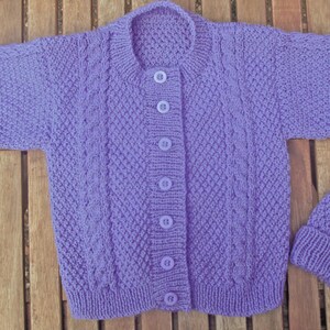 Baby infant girl toddler hand knitted mauve traditional matinee outfit of jacket / cardigan trousers / legging pants pom pom hat pram set. image 2