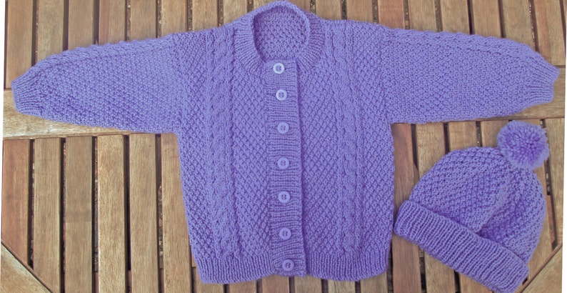 Baby infant girl toddler hand knitted mauve traditional image 1