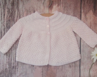 Newborn babys matinee jacket, infant girl traditional handknitted coat/cardigan pale pink lacy lace pram outfit, baby shower gift 0-3 months