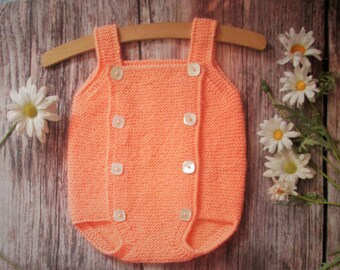 Infants pale orange romper, baby's hand knitted all in one outfit with buttons OOAK diaper cover, shorts, overalls, photo prop