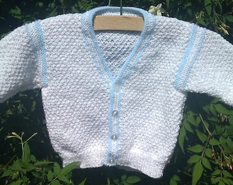 Baby boy infant toddler white and blue trimmed handknitted cotton / acrylic summer vee neck cardigan