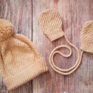 Hand knitted baby boy, infant beige, brown outfit of jacket, cardigan, trousers, leggings, pants, pom pom hat, mittens, traditional pram set image 8