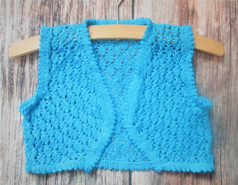 Young little girl's lacy diamond lace stitch hand knitted bright blue summer bolero shrug sleeveless jacket waistcoat original design OOAK image 1