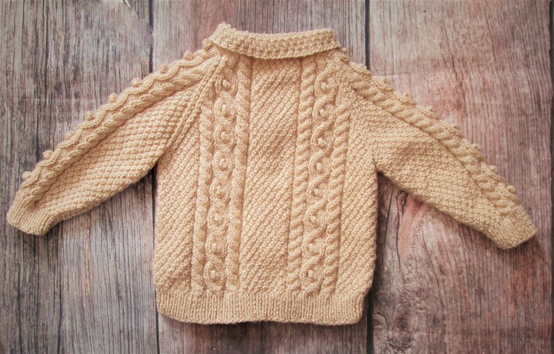 Hand knitted baby boy, infant beige, brown outfit of jacket, cardigan, trousers, leggings, pants, pom pom hat, mittens, traditional pram set image 5