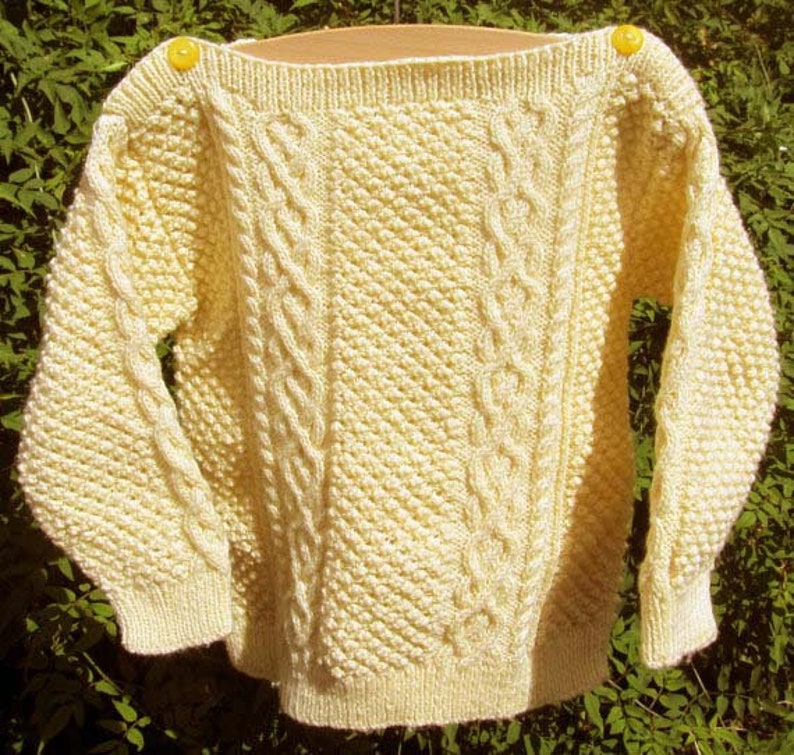 Pale yellow handknit aran cable girls sweater jumper OOAK with image 0