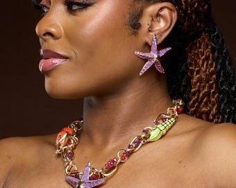 Conjunto de collar y pendientes con forma de estrella de mar, chapado en oro de 18 quilates, joyería inspirada en la playa.