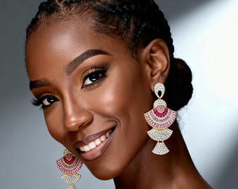 Crystal Pink Dangle Earrings Geometric Drop Statement Earrings Elegant Pink Crystal Earrings for Women