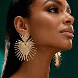Fan Leaf Statement Earrings | Oversized Geometric Gold-Plated Studs | Lightweight Bold Statement Earrings for Women