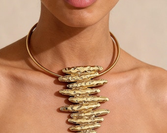 18K Gold Plated African Choker Necklace, Bold Statement Torque Jewelry