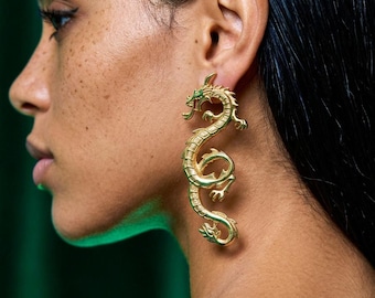 Silver Dragon Drop Earrings, Fantasy Statement Jewelry, Silver, Gold Maxi Studs