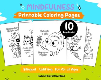 May include: A stack of printable coloring pages with whimsical black and white illustrations. The pages feature uplifting messages and cute characters. The bundle includes 10 pages and is suitable for all ages. Text on the image includes "MINDFULNESS Printable Coloring Pages".
