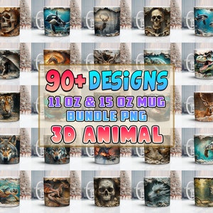 Könnte beinhalten: Eine Sammlung weißer Keramikbecher mit verschiedenen 3D-Tierdesigns, darunter ein Schädel, Orca, Hirsch, Drache, Tiger, Wolf und Schildkröte. Die Becher sind in den Größen 312 ml und 425 ml erhältlich. Der Text auf dem Bild lautet "90+ Designs, 11 OZ & 15 OZ MUG BUNDLE PNG, 3D ANIMAL."
