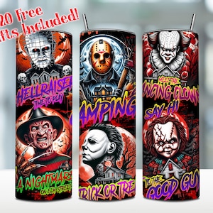 Envoltura para vaso de películas de terror, vaso delgado de 20 oz de Horror Killers (PNG), envoltura de terror espeluznante (PNG), vaso de terror de Halloween (PNG), descarga digital