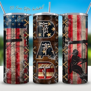 Lineman Dad US Flag 20oz Skinny Tumbler Wrap Png Sublimation, Father's Day Tumbler, 20oz Tumbler Full Wrap Template