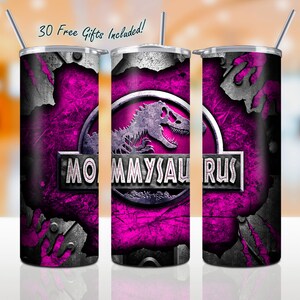 May include: Pink and black stainless steel tumbler with a dinosaur graphic and the text "Mommyaurus".
