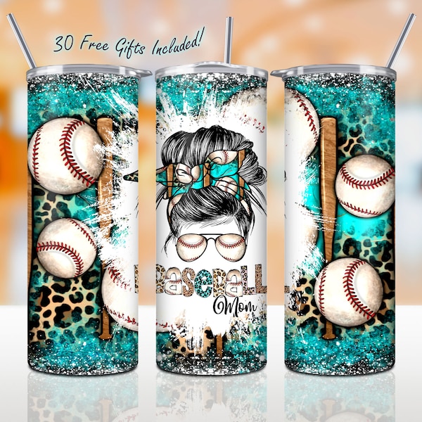 Baseball Mom Messy Bun 20 Oz Skinny Tumbler Png Design, Mother's Day Straight & Tapered Wrap Png Sublimation Digital Download