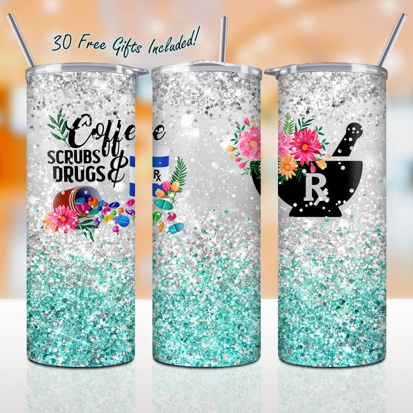 Coffee Scrubs And Drugs 20oz Skinny Tumbler Png Sublimation, Pharmacist Straight/Tapered Tumbler Full Wrap Template, Digital Download
