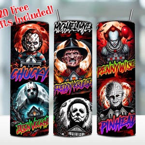 Vaso delgado de 20 oz de Horror Killers (Png), envoltura para vaso de películas de terror, envoltura de terror espeluznante (Png), vaso de terror de Halloween (Png), descarga digital