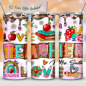 Teacher Custom Name 20oz Skinny Tumbler Wrap Png, Personalized Teacher Tumbler Wrap Png Sublimation, Digital Download