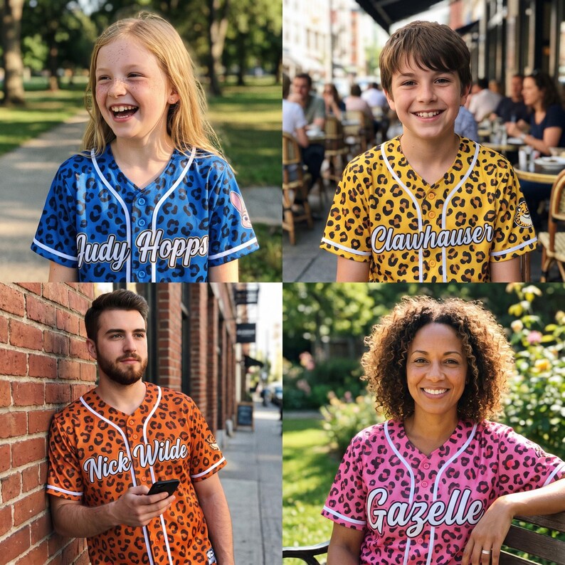 May include: A collection of four short-sleeved button-down baseball jerseys featuring animal print patterns in blue, yellow, orange, and pink. Each jersey displays a white script name on the front: Judy Hopps, Clawhauser, Nick Wilde, and Gazelle.
