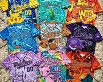 Poke Birthday Baseball Jersey Kids, Eevee gengar Squirtle Shirt, Custom Name Number, Poke Party Outfit, Family Matching Jersey