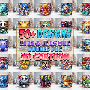 Può includere: Una collezione di tazze in ceramica bianca con vivaci disegni di cartoni animati in 3D. Le tazze presentano personaggi come Topolino, Jack Skellington e Charmander. Il testo sull'immagine recita "50+ Designs, 11 OZ & 15 OZ Mug Bundle PNG, 3D Cartoon."