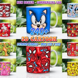 May include: A collection of eleven white ceramic mugs with various cartoon character designs. The mugs feature characters like Sonic the Hedgehog, Mickey Mouse, and Spider-Man, with the text "NEW DESIGN - COMMERCIAL USE" and "3D CARTOON DESIGNS BUNDLE - MUG 11OZ / 15OZ".