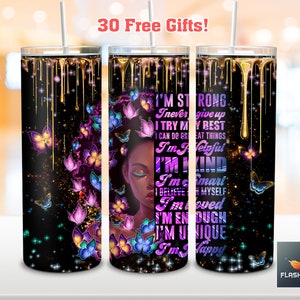 Sono forte, non mi arrendo mai, provo il mio meglio, design png per tumbler magro da 20 once, sublimazione png per tumbler avvolgente per ragazza nera, png per tumbler per donne nere