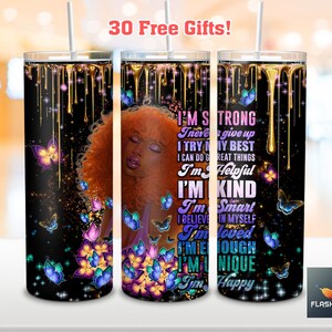 Sono forte, non mi arrendo mai, provo il mio meglio, design png per tumbler magro da 20 once, sublimazione png per tumbler avvolgente per ragazza nera, png per tumbler per donne nere