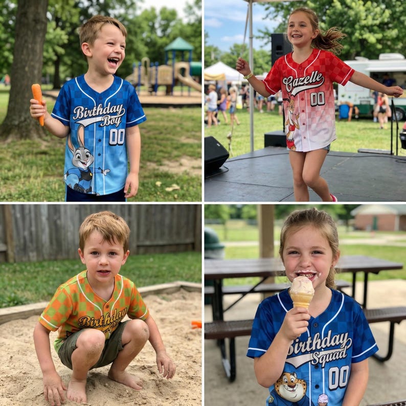 K&ouml;nnte beinhalten: Vier Kinder tragen Baseballtrikots mit Zeichentrickfiguren und Text. Ein Trikot tr&auml;gt die Aufschrift "Birthday Boy" und ein anderes "Birthday Squad". Die Trikots sind blau, rot und gr&uuml;n mit wei&szlig;en Akzenten. Ein Kind isst Eis.