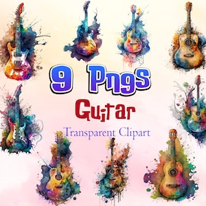 9 Designs Guitar Bundle Png, Colorful Guitar Png, Guitar Painting Clipart, Guitar svg, Guitar Png Digital Download
