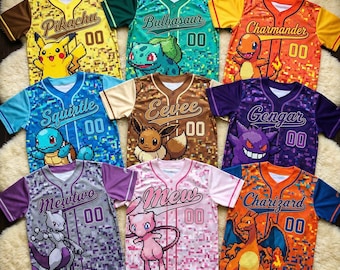 Poke Birthday Baseball Jersey Kids, Eevee gengar Squirtle Shirt, Custom Name Number, Poke Party Outfit, Family Matching Jersey